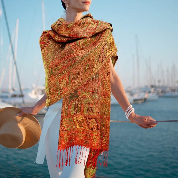 Kikiboheme Accessories - Metallic Weave Paisley Green Orange Pashmina Style Boho Bohemian Scarf Shawl